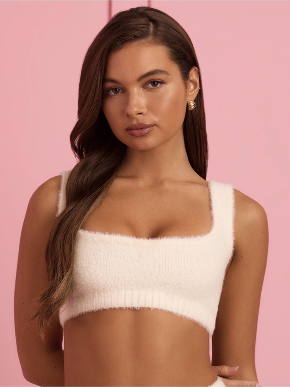 Oh Polly Cream Fuzzy Knit Scoop Bralette